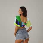 REPIX – Crop Top Lacé “Pulse Vector Tension” | Lace Front Puff Sleeve Cyber Streetwear