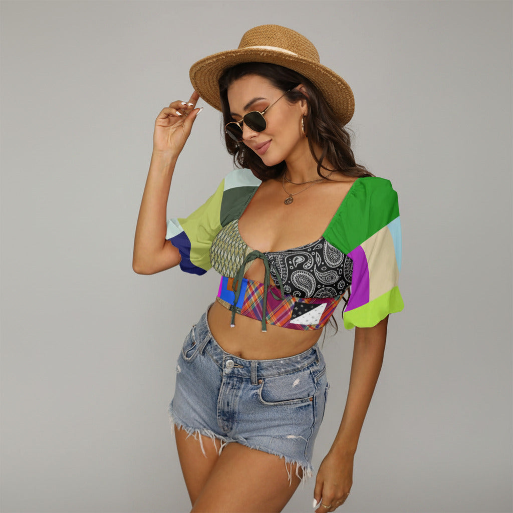 REPIX – Crop Top Lacé “Pulse Vector Tension” | Lace Front Puff Sleeve Cyber Streetwear