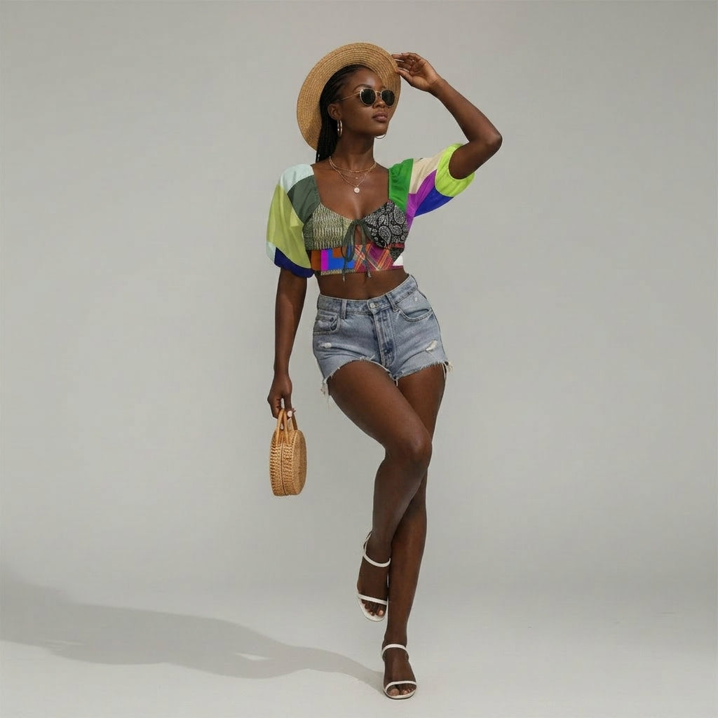REPIX – Crop Top Lacé “Pulse Vector Tension” | Lace Front Puff Sleeve Cyber Streetwear